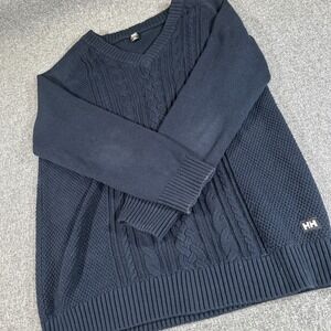 Helly Hansen Cable Knit‎ Sweater Mens M Navy Blue V Neck Fisherman Cotton